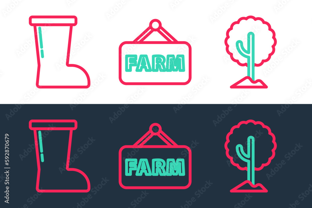 Poster set line tree, waterproof rubber boot and signboard with text farm icon. vector