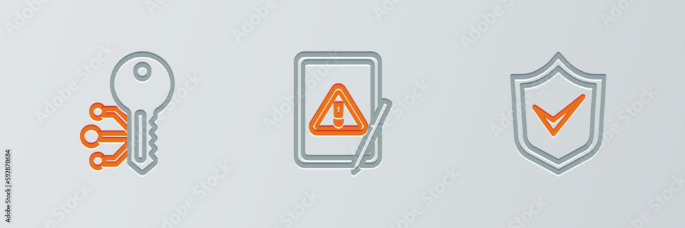 Poster set line shield with check mark, cryptocurrency key and tablet exclamation icon. vector