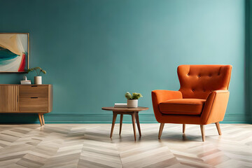 Living room with a beautiful and stylish orange armchair in front of a blue empty wall | Interior design of a modern living room | Generative Ai