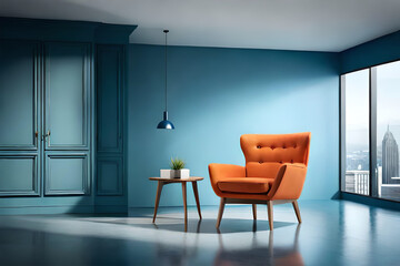 Naklejka na ściany i meble Living room with a beautiful and stylish orange armchair in front of a blue empty wall | Interior design of a modern living room | Generative Ai