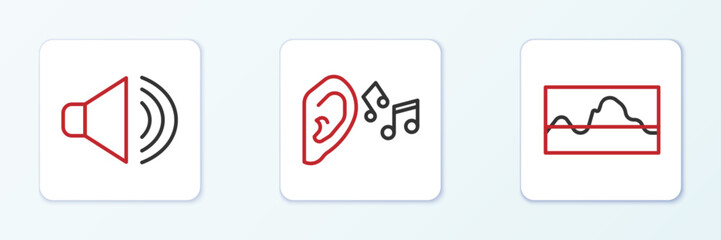 Set line Music wave equalizer, Speaker volume and Ear listen sound signal icon. Vector