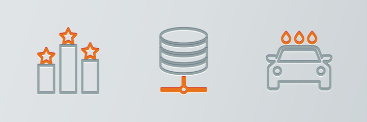 Set line Car wash, Ranking star and Server, Data, Web Hosting icon. Vector