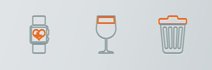 Set line Trash can, Smart watch heart beat rate and Wine glass icon. Vector