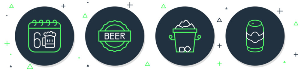 Set line Bottle cap with beer, Ice bucket, Saint Patricks day calendar and Beer can icon. Vector