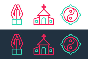 Set line Yin Yang, Hands praying position and Church building icon. Vector