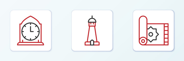 Set line Traditional carpet, Clock and Mosque tower or minaret icon. Vector