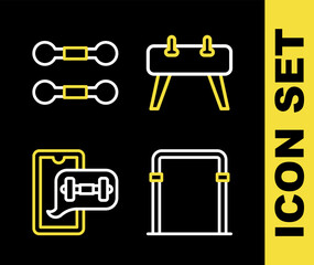 Fototapeta premium Set line Pommel horse, Sport horizontal bar, Fitness app and Dumbbell icon. Vector