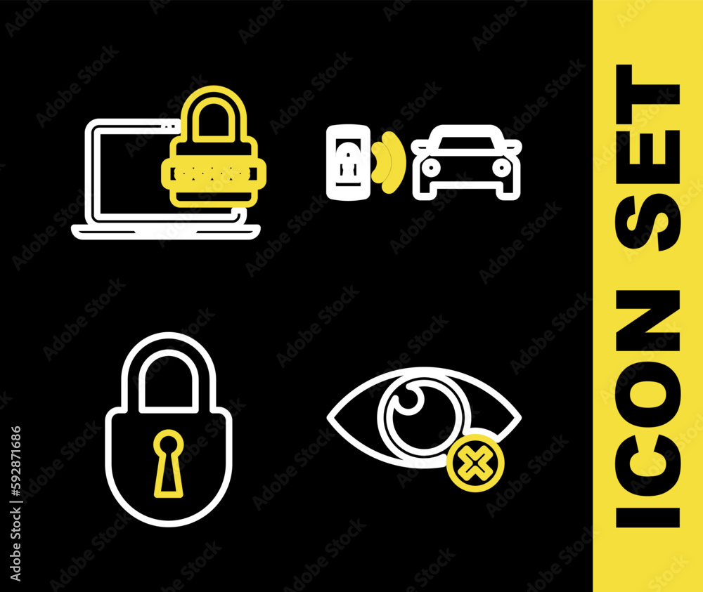 Poster set line smart car alarm system, invisible or hide, lock and laptop with password icon. vector