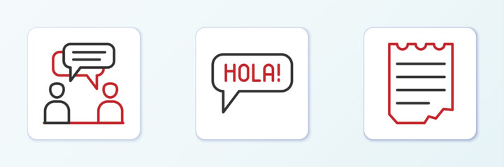 Set line Notebook, Two sitting men talking and Hola different languages icon. Vector © vector_v