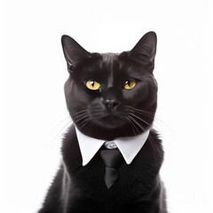 A cat in a formal business suit, an animal in human clothes, in front of a white background. Generative AI