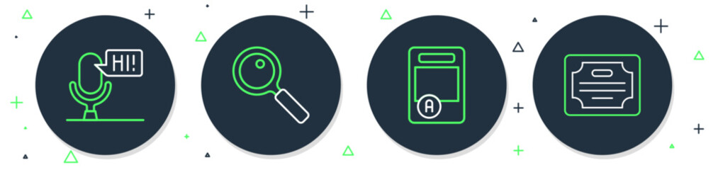 Set line Magnifying glass, Exam sheet with A plus grade, Microphone voice device and Certificate template icon. Vector