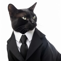 A cat in a formal business suit, an animal in human clothes, in front of a white background. Generative AI