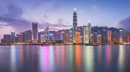 Fototapeta premium city skyline in the evening with reflection in water