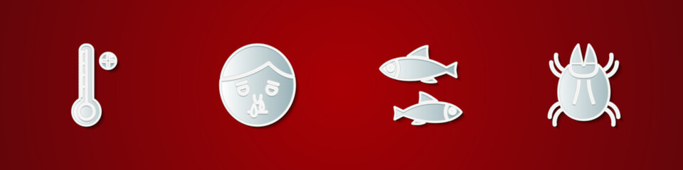 Set Medical digital thermometer, Runny nose, Fish and Parasite mite icon. Vector