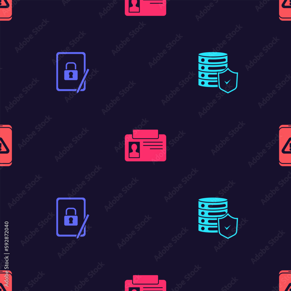 Poster set server with shield, tablet closed padlock, identification badge and mobile exclamation mark on s