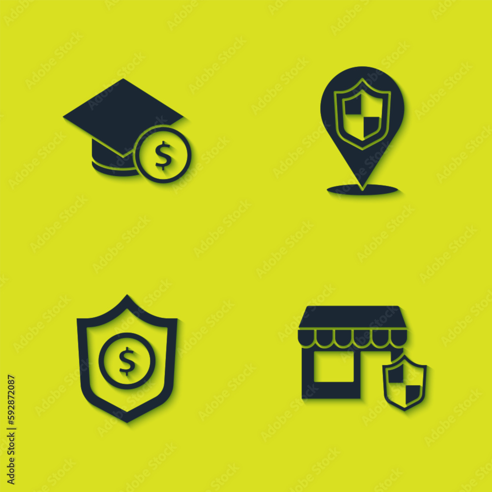 Sticker Set Graduation cap and coin, Shopping building with shield, Shield dollar and Location icon. Vector