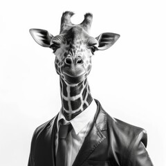 Giraffe in a formal business suit, an animal in human clothing, in front of a white background. Generative AI