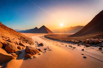 Fototapeta na wymiar Die surreale Wüstenlandschaft unter dem blauen Himmel, generative KI
