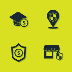 Set Graduation cap and coin, Shopping building with shield, Shield dollar and Location icon. Vector