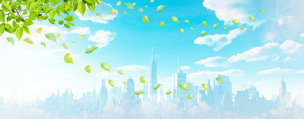 青空と新緑　遠くに見える都会の蜃気楼のイメージ素材　一部Generative AI