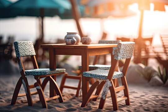 Beachside cafe, beach travel resort image of table and chairs with a bokeh background, tabletop display. Generative AI	
