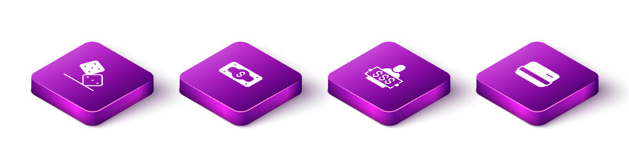 Set Isometric Game dice, Stacks paper money cash, Winner holding prize ticket and Credit card icon. Vector