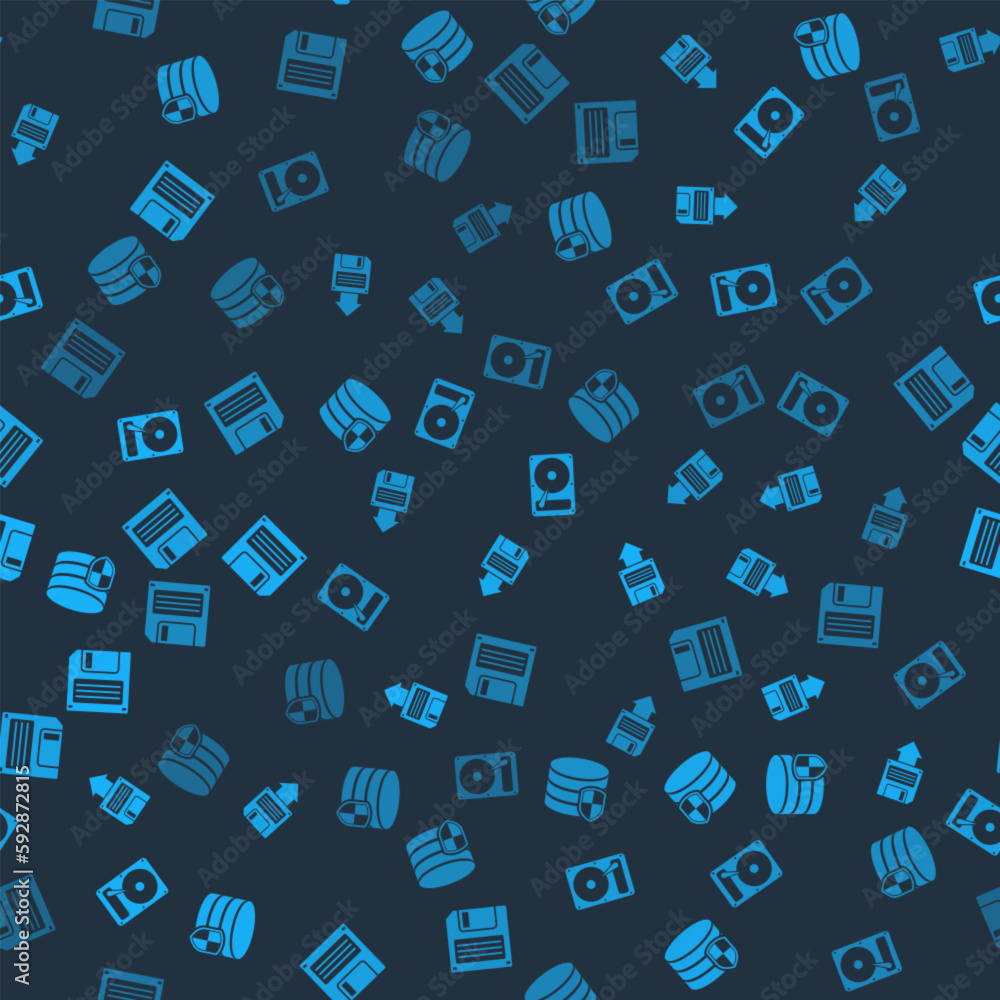 Poster set database protection, floppy disk backup, hard drive hdd and on seamless pattern. vector