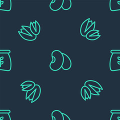 Set line Beans, Pistachio nuts and Bag of flour on seamless pattern. Vector
