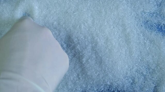 Sodium salt of glutamic acid. MSG granules, hand in glove writing word MSG. Food additive E621. Flavor seasoning. The fifth taste is umami. Flavor enhancer.
