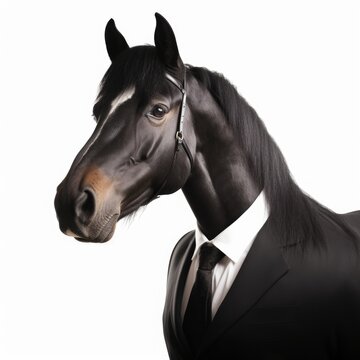 A horse in a formal business suit, an animal in human clothes, in front of a white background. Generative AI