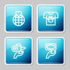 Set line Hand holding Earth globe, Animal volunteer, Leaf hand and Donation charity icon. Vector