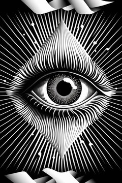 Abstract drawing of one eye, staring, black and white style, long eyelashes, creepy light. Generative AI