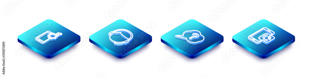 Sticker set isometric line mobile service, man with a headset, speech bubble question and phone call icon. v