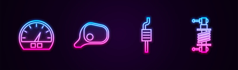 Set line Speedometer, Car mirror, muffler and Shock absorber. Glowing neon icon. Vector