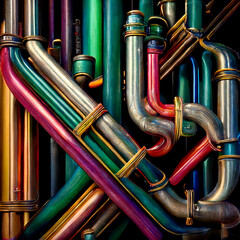 Abstract metal pipes. Tight weave with each other. Generative AI.