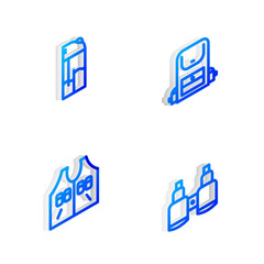 Set Isometric line Hiking backpack, Lighter, Hunting jacket and Binoculars icon. Vector