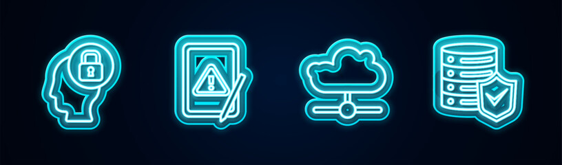 Set line Human head with lock, Tablet exclamation mark, Network cloud connection and Server shield. Glowing neon icon. Vector