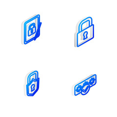 Set Isometric line Lock, Tablet with closed padlock, and Password protection icon. Vector