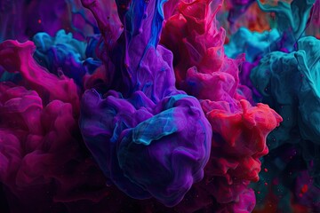 Neon blue, pink and purple multicolored smoke puff cloud splashing, design elements on a dark background - generative ai	