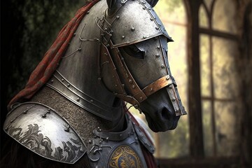 Horse in armor. Realism, color, middle ages, stallion. Illustration. AI