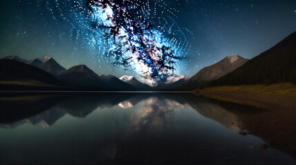 Majestic mountains under starlit sky mirrored in still water