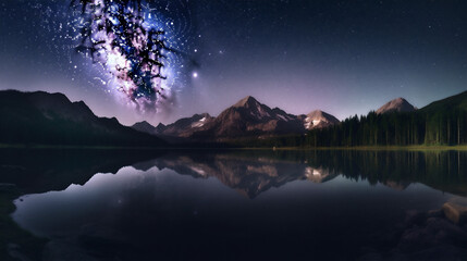 Majestic mountains under starlit sky mirrored in still water