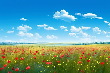panorama of meadows fields with flowers in summer under a sky. Generative AI illustration