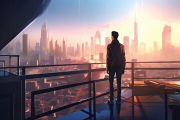Man standing on balcony looking at a futuristic city landscape, fantasy, anime - generative ai	
