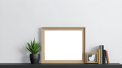 Blank picture frame mockup on a white wall, horizontal artwork template. Single oak wood frame