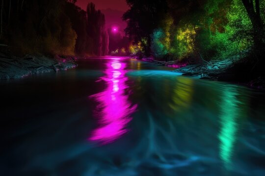 River canal passing through the city with multicolored neon lights at night - generative ai © Infinite Shoreline