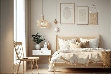 Scandinavian bedroom. Realism, white. spacious bedroom, bright. illustration. AI