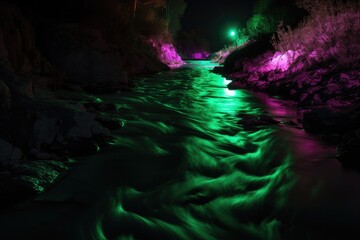 Naklejka na ściany i meble River canal passing through the city with multicolored neon lights at night - generative ai