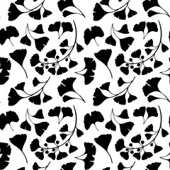 Ginkgo biloba seamless pattern. Black and white floral print with ginkgo biloba leaves and branches.