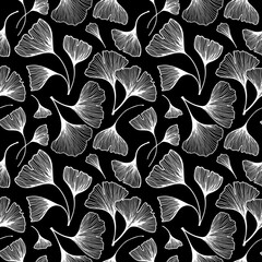 Ginkgo biloba seamless pattern. Black and white floral print with ginkgo biloba leaves and branches.